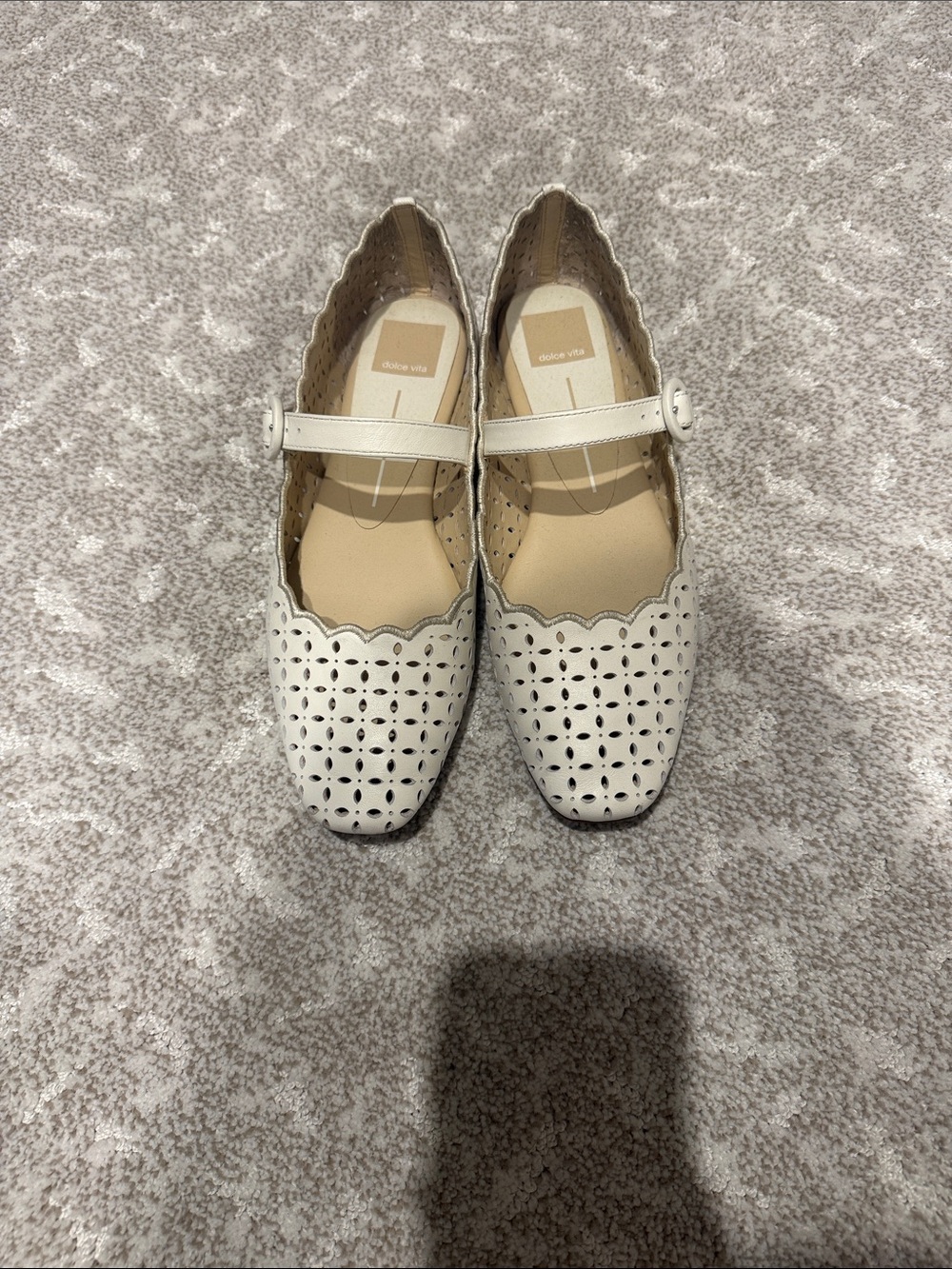 Dolce Vita Cream Perforated Mary Jane Flats with Scalloped Edge